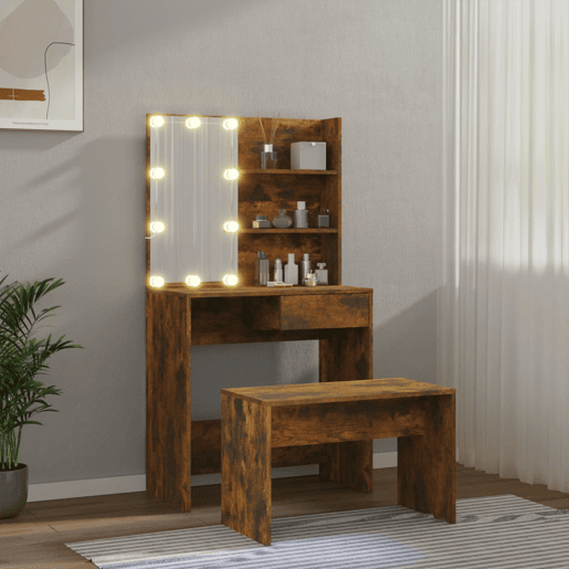 vidaXL Conjunto toucador com LEDs madeira processada carvalho fumado vidaXL Conjunto toucador com LEDs madeira processada carvalho fumado