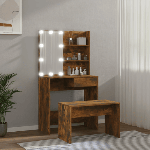 vidaXL Conjunto toucador com LEDs madeira processada carvalho fumado vidaXL Conjunto toucador com LEDs madeira processada carvalho fumado