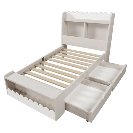 Cama juvenile,cama de solteiro de madeira maciça 90x200cm com 2 gavetas,branco