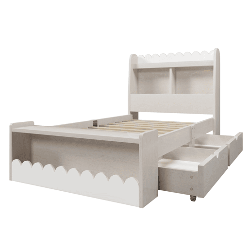 Cama juvenile,cama de solteiro de madeira maciça 90x200cm com 2 gavetas,branco