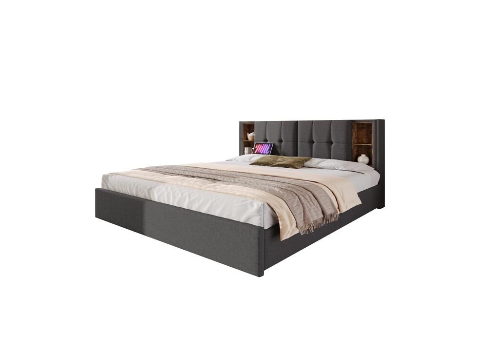Cama de matrimonio de lino 160x200cm con 4 cajones,gris