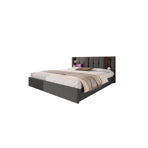 Cama de casal de linho 160x200cm com 4 gavetas,cinzento