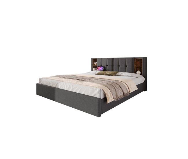 Cama de matrimonio de lino 160x200cm con 4 cajones,gris