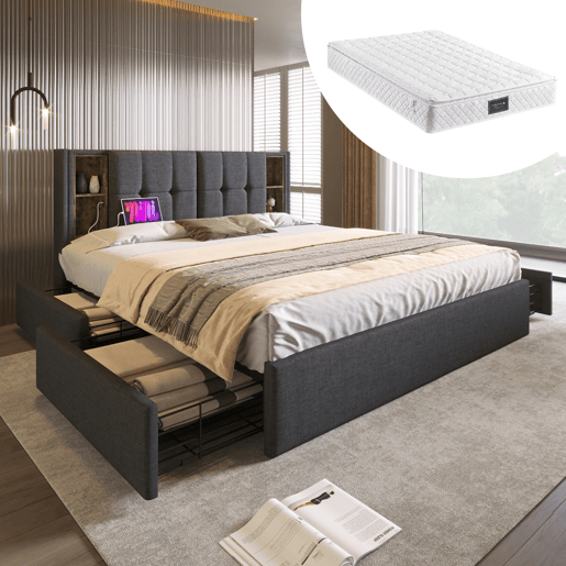 Cama de casal de linho 160x200cm com 4 gavetas,cinzento