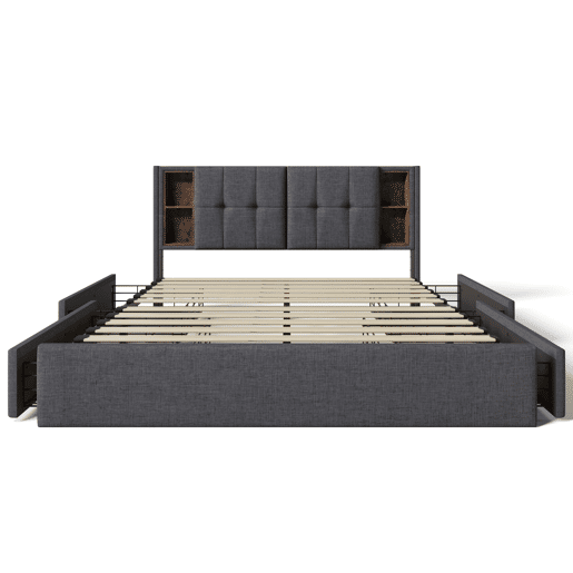 Cama de casal de linho 160x200cm com 4 gavetas,cinzento