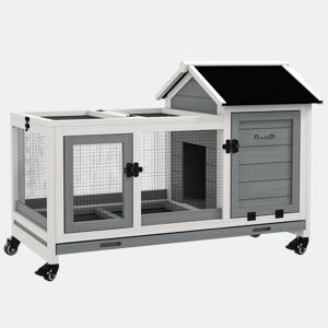 PawHut Coelheira de Madeira com Rodas 108x58x73,5cm Gaiola para 1-2 Coelhos com Teto Abatível Cerca Metálica Bandeja Amovível Portas com Trava e Rampa Marrom Cinza e Branco