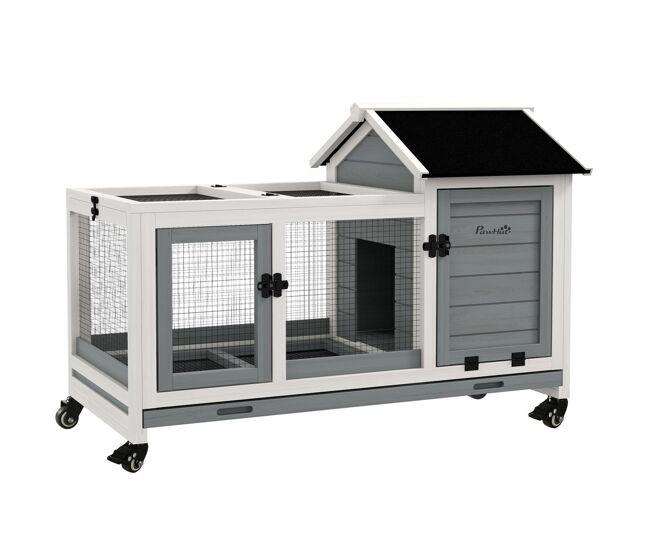 Pawhut conejera de madera con ruedas jaula para conejos con techo puede abrir y bandeja extraíble conejera para interior y exterior 108x58x73,5 cm gris