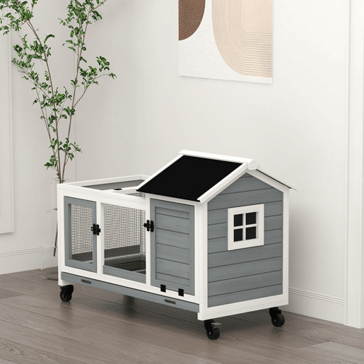 PawHut Coelheira de Madeira com Rodas 108x58x73,5cm Gaiola para 1-2 Coelhos com Teto Abatível Cerca Metálica Bandeja Amovível Portas com Trava e Rampa Marrom Cinza e Branco PawHut Coelheira de Madeira com Rodas 108x58x73,5cm Gaiola para 1-2 Coelhos com Teto Abatível Cerca Metálica Bandeja Amovível Portas com Trava e Rampa Marrom Cinza e Branco