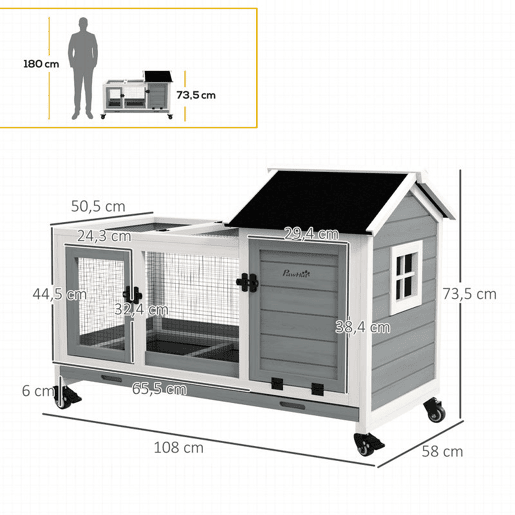 PawHut Coelheira de Madeira com Rodas 108x58x73,5cm Gaiola para 1-2 Coelhos com Teto Abatível Cerca Metálica Bandeja Amovível Portas com Trava e Rampa Marrom Cinza e Branco PawHut Coelheira de Madeira com Rodas 108x58x73,5cm Gaiola para 1-2 Coelhos com Teto Abatível Cerca Metálica Bandeja Amovível Portas com Trava e Rampa Marrom Cinza e Branco