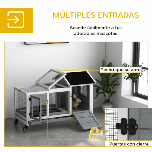 PawHut Coelheira de Madeira com Rodas 108x58x73,5cm Gaiola para 1-2 Coelhos com Teto Abatível Cerca Metálica Bandeja Amovível Portas com Trava e Rampa Marrom Cinza e Branco PawHut Coelheira de Madeira com Rodas 108x58x73,5cm Gaiola para 1-2 Coelhos com Teto Abatível Cerca Metálica Bandeja Amovível Portas com Trava e Rampa Marrom Cinza e Branco
