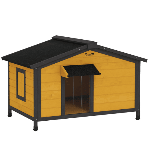 PawHut Casa para Cães de Madeira 97x72x65 cm Casa para Animais de Estimação com Teto Asfáltico 2 Janelas Porta com Cortina e Base Amovível Madeira