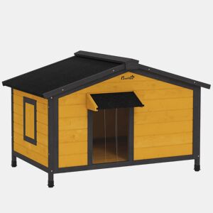 PawHut Casa para Cães de Madeira 97x72x65 cm Casa para Animais de Estimação com Teto Asfáltico 2 Janelas Porta com Cortina e Base Amovível Madeira