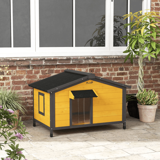 PawHut Casa para Cães de Madeira 97x72x65 cm Casa para Animais de Estimação com Teto Asfáltico 2 Janelas Porta com Cortina e Base Amovível Madeira