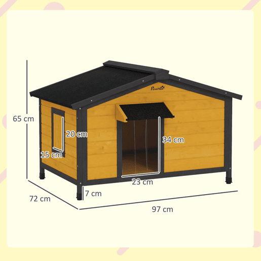 PawHut Casa para Cães de Madeira 97x72x65 cm Casa para Animais de Estimação com Teto Asfáltico 2 Janelas Porta com Cortina e Base Amovível Madeira