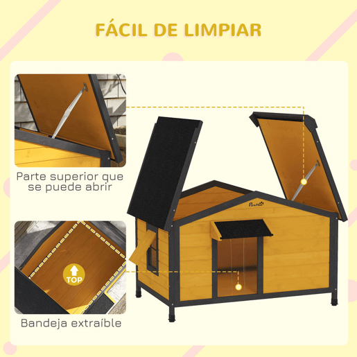 PawHut Casa para Cães de Madeira 97x72x65 cm Casa para Animais de Estimação com Teto Asfáltico 2 Janelas Porta com Cortina e Base Amovível Madeira