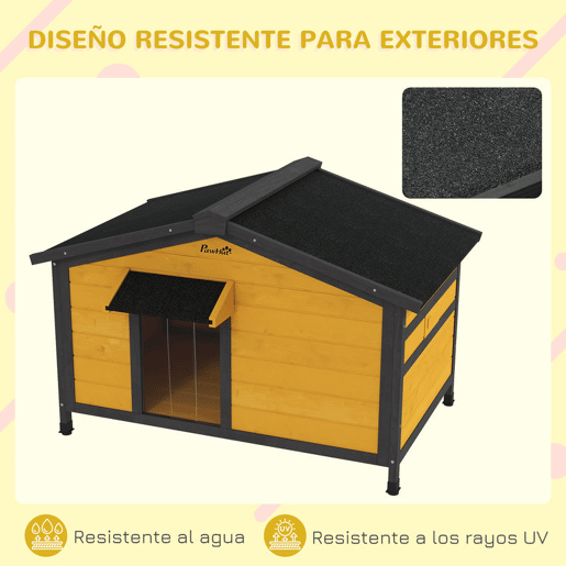 PawHut Casa para Cães de Madeira 97x72x65 cm Casa para Animais de Estimação com Teto Asfáltico 2 Janelas Porta com Cortina e Base Amovível Madeira
