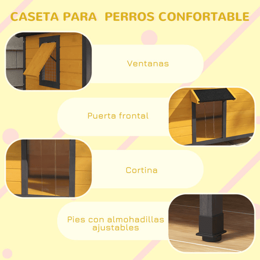 PawHut Casa para Cães de Madeira 97x72x65 cm Casa para Animais de Estimação com Teto Asfáltico 2 Janelas Porta com Cortina e Base Amovível Madeira