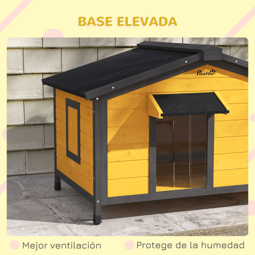 PawHut Casa para Cães de Madeira 97x72x65 cm Casa para Animais de Estimação com Teto Asfáltico 2 Janelas Porta com Cortina e Base Amovível Madeira