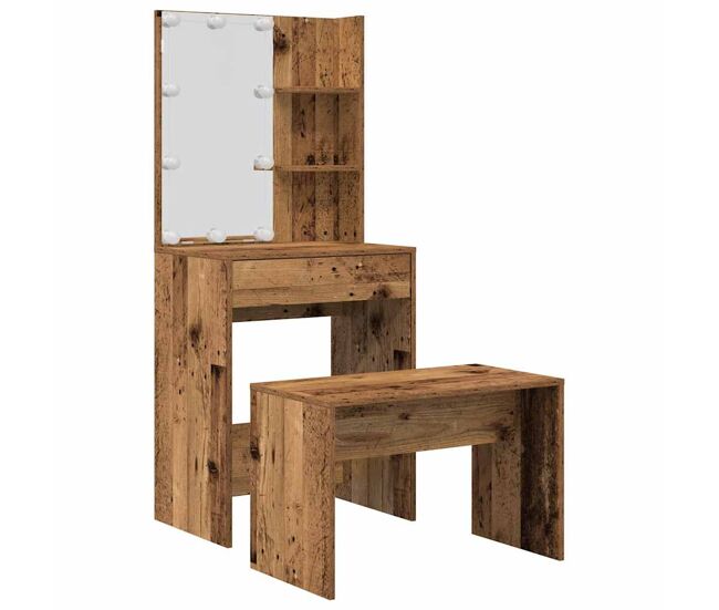 Vidaxl juego de tocador con led madera contrachapada madera vieja