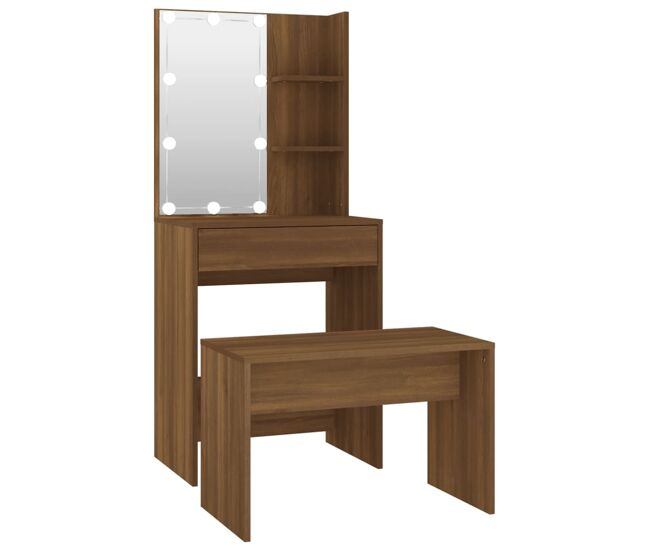 Vidaxl juego de tocador con led madera contrachapada roble marrón