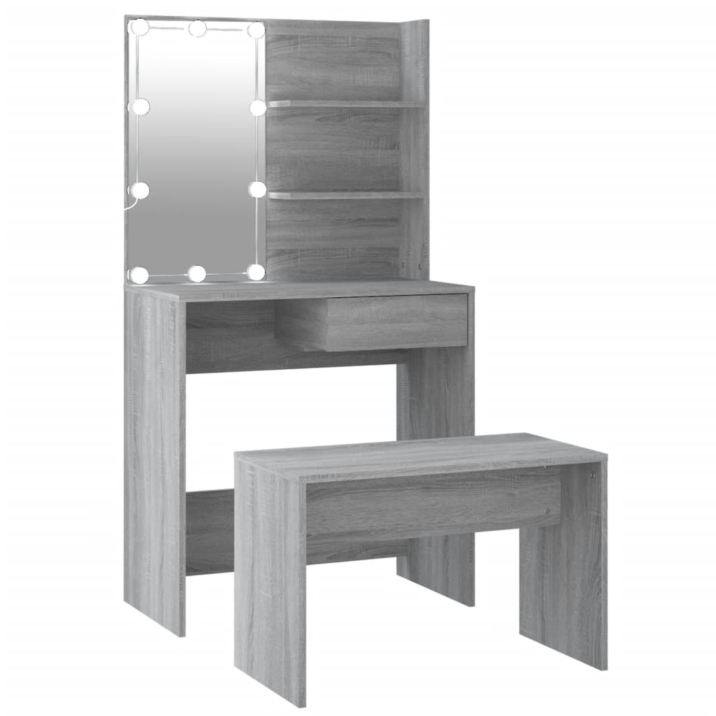 Vidaxl juego de tocador con led madera contrachapada gris sonoma