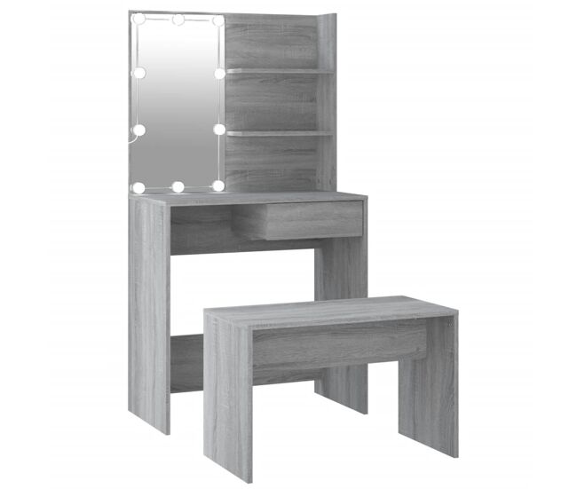 Vidaxl juego de tocador con led madera contrachapada gris sonoma