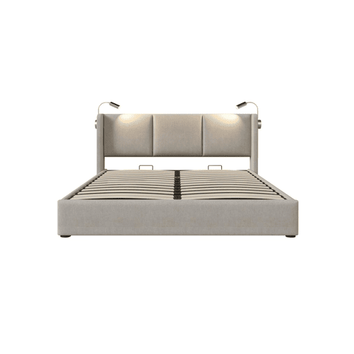 Cama de casal de linho 160x200cm com armazenamento,bege