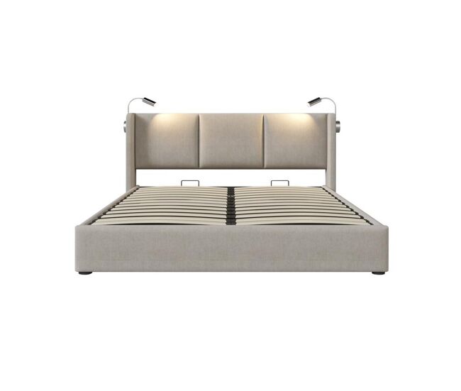 Cama de matrimonio de lino 160x200cm con almacenaje,beige