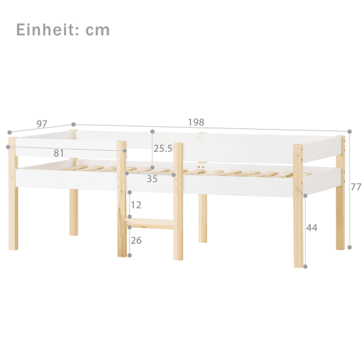 Cama de criança,cama alta,cama de altura média de madeira de pinho 90x190cm,branco+madeira