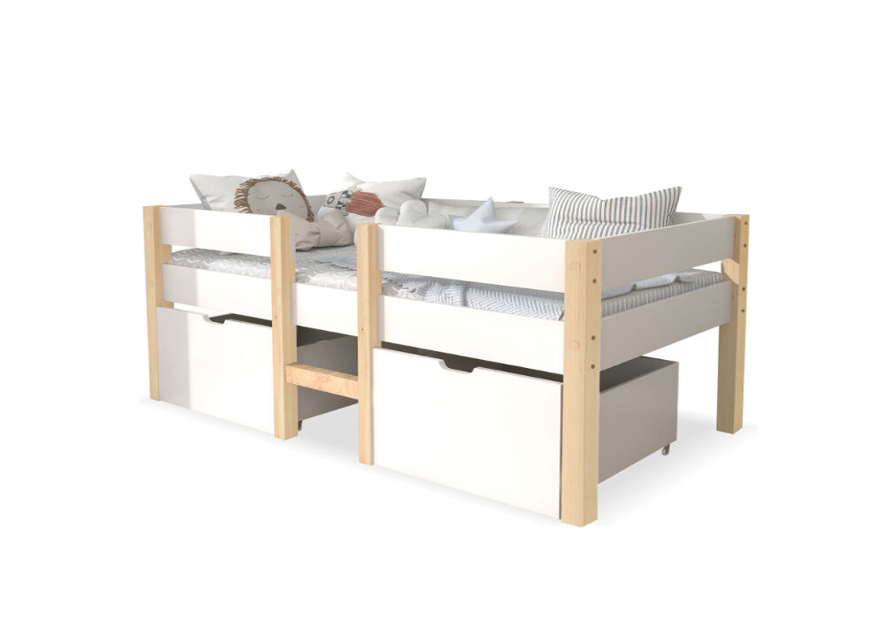 Cama infantil,cama alta,cama de media altura de madera de pino 90x190cm con 2 cajones,escalera y protección contra caídas,blanco+color madera