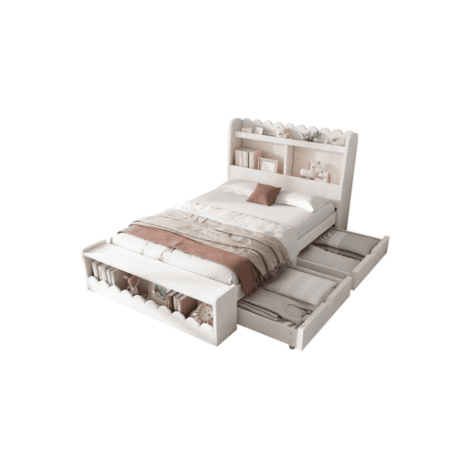 Cama juvenile,cama de solteiro de madeira maciça 90x190cm com 2 gavetas,branco