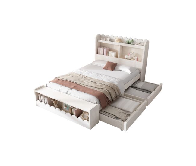 Cama juvenil,cama individual de madera maciza 90x190cm con 2 cajones,estante y banco con almacenaje,blanco