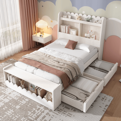 Cama juvenile,cama de solteiro de madeira maciça 90x190cm com 2 gavetas,branco