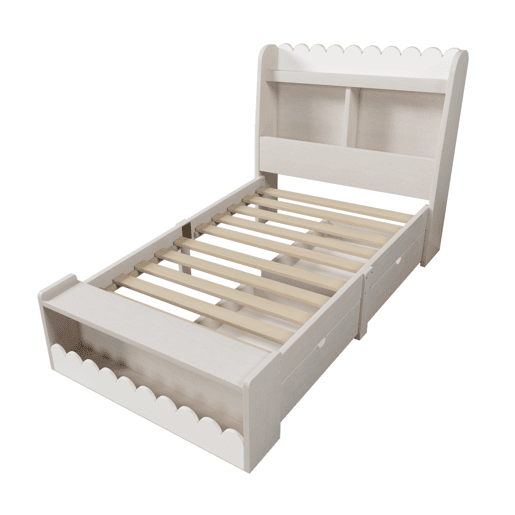 Cama juvenile,cama de solteiro de madeira maciça 90x190cm com 2 gavetas,branco