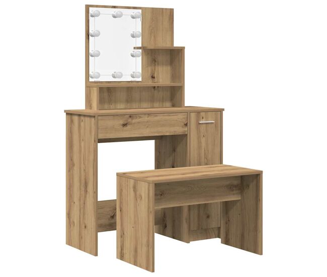 Vidaxl juego de tocador con led madera artesanal de roble