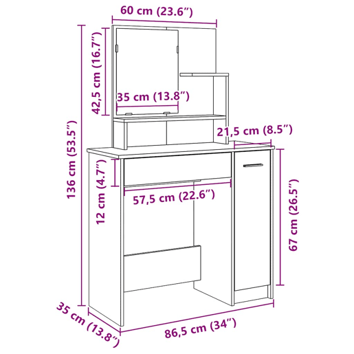vidaXL Toucador com espelho 86,5x35x136 cm cor carvalho artisiano vidaXL Toucador com espelho 86,5x35x136 cm cor carvalho artisiano