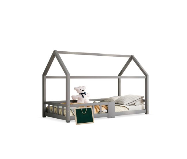 Cama infantil,cama cabaña de madera de pino 90x200cm con tablero y protección contra caídas,en forma de casa,gris