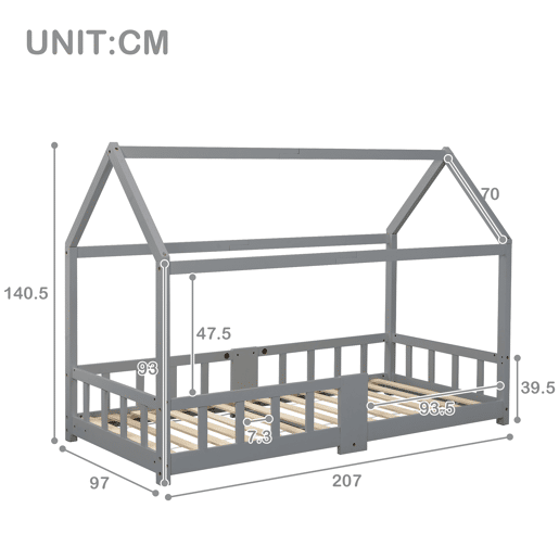 Cama de criança,cama-casa de madeira de pinho 90x200cm,cinzento