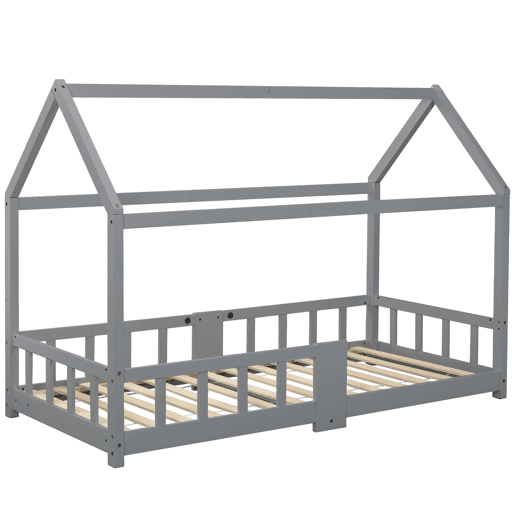 Cama de criança,cama-casa de madeira de pinho 90x200cm,cinzento
