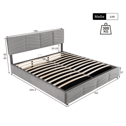 Cama de casal de veludo 160x200cm com armazenamento,cinzento