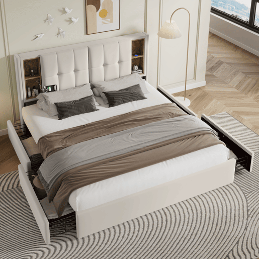 Cama de casal de veludo 160x200cm com 4 gavetas,bege
