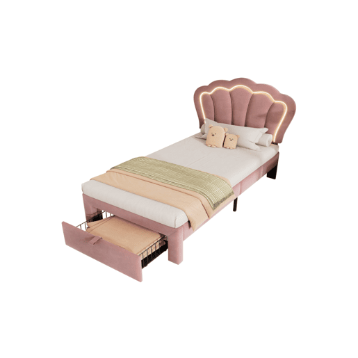 Cama juvenile,cama de solteiro de veludo 90x190cm com luz LED e 1 gaveta,rosa