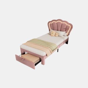 Cama juvenile,cama de solteiro de veludo 90x190cm com luz LED e 1 gaveta,rosa