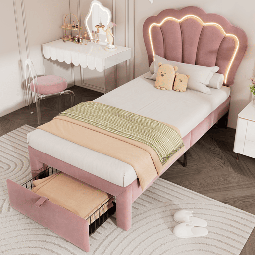 Cama juvenile,cama de solteiro de veludo 90x190cm com luz LED e 1 gaveta,rosa