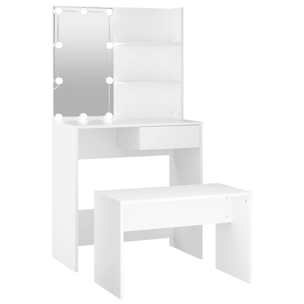 Vidaxl juego de tocador con led madera contrachapada blanco