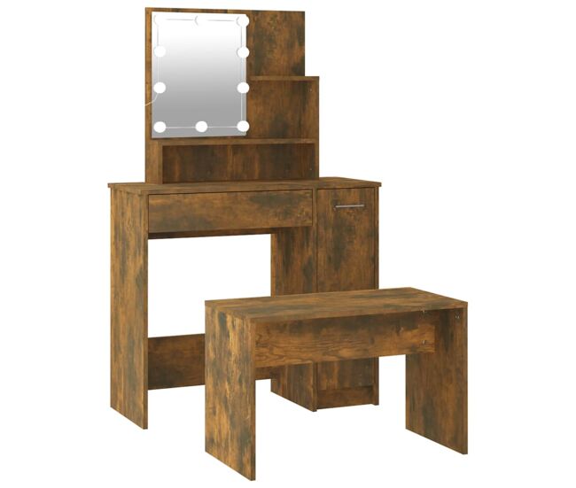 Vidaxl juego de tocador con led madera contrachapada roble ahumado