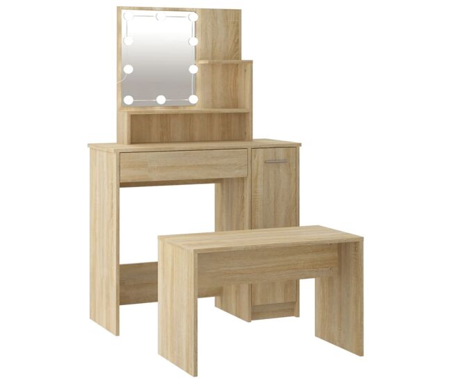 Vidaxl juego de tocador con led madera contrachapada roble sonoma