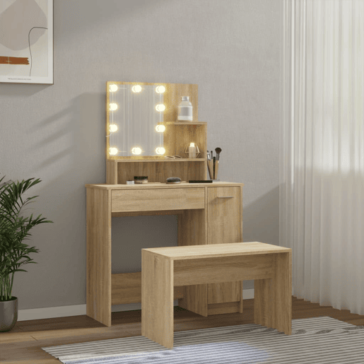 vidaXL Conjunto toucador c LEDs madeira processada carvalho sonoma vidaXL Conjunto toucador c LEDs madeira processada carvalho sonoma