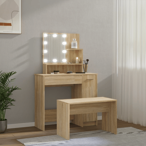 vidaXL Conjunto toucador c LEDs madeira processada carvalho sonoma vidaXL Conjunto toucador c LEDs madeira processada carvalho sonoma