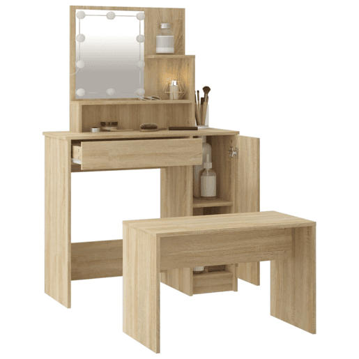 vidaXL Conjunto toucador c LEDs madeira processada carvalho sonoma vidaXL Conjunto toucador c LEDs madeira processada carvalho sonoma
